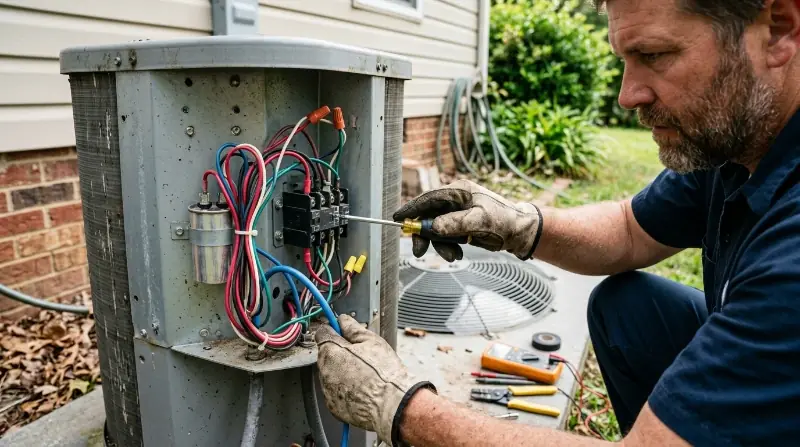 HVAC technician inspecting indoor air handler unit West Palm Beach FL
