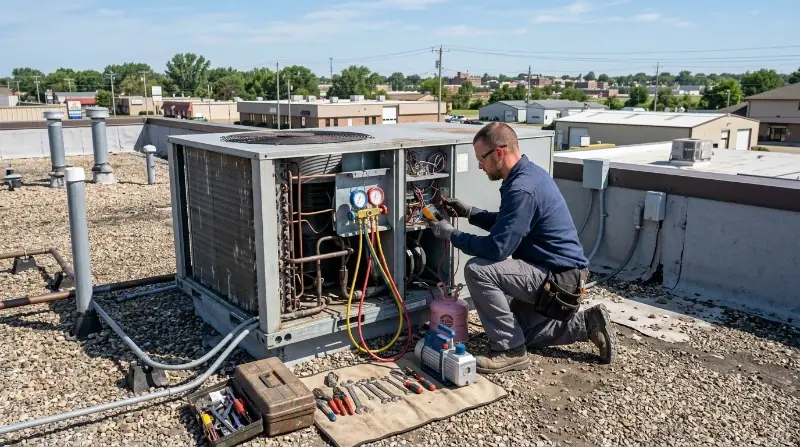 HVAC technician cleaning AC coil with refrigerant gauges West Palm Beach FL