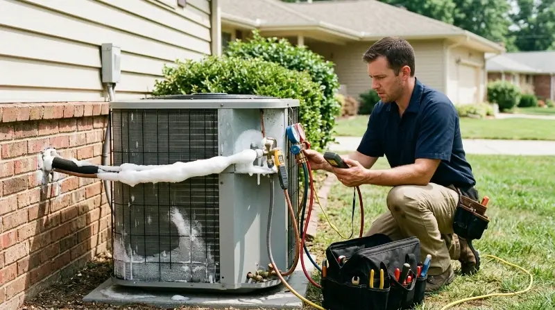 Technician repairing frozen refrigerant lines on outdoor AC unit West Palm Beach